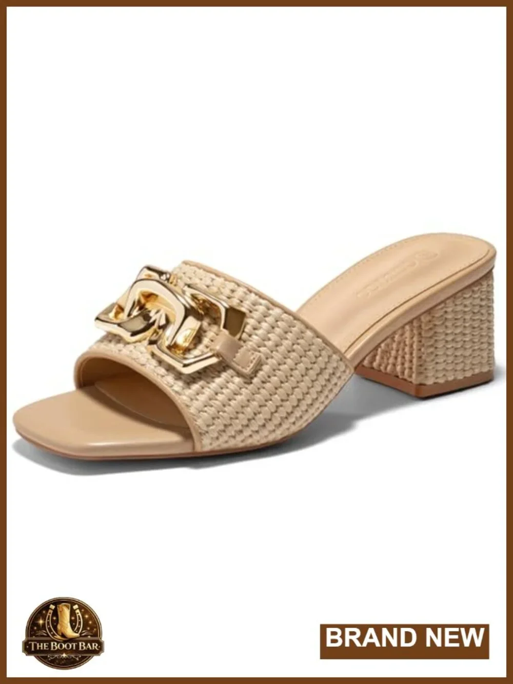 Women's Raffia Slide Sandals Chunky Block Heeled Square Open Toe Metal Chain